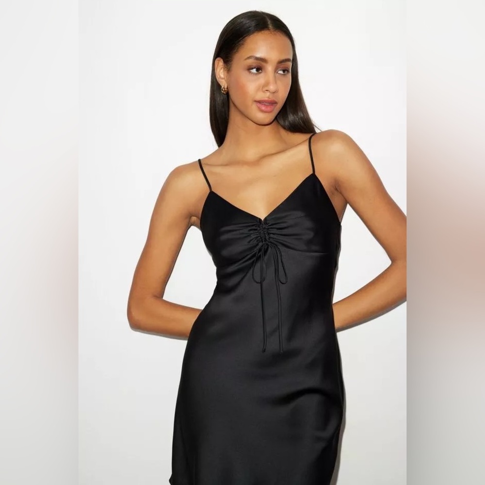 Dynamite Nia Mini Satin Slip Dress in Black